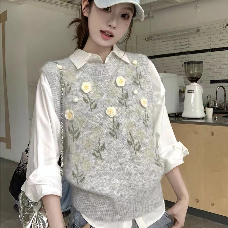 韩系立体小花减龄百搭针织马甲