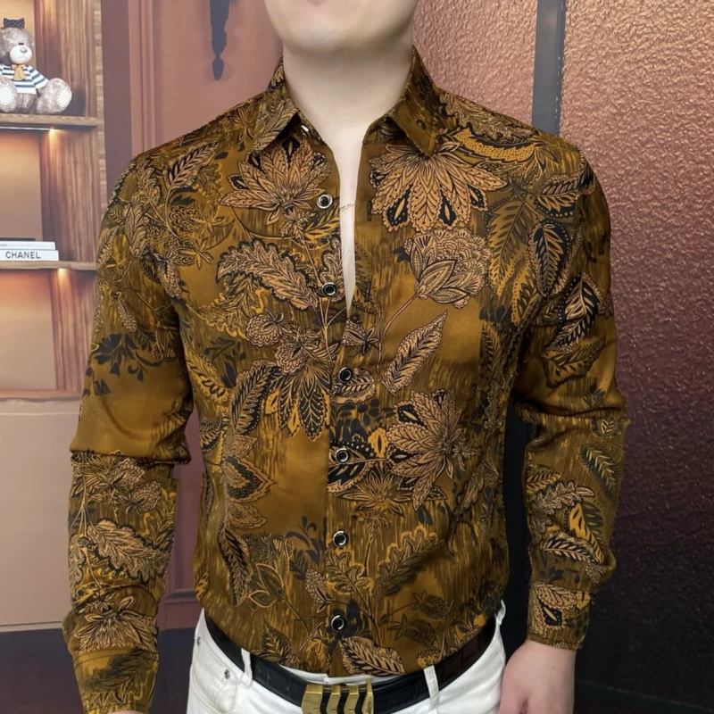 2025秋季印花长袖衬衫百搭抗皱帅气男士印花商务时尚轻奢打底衬衣