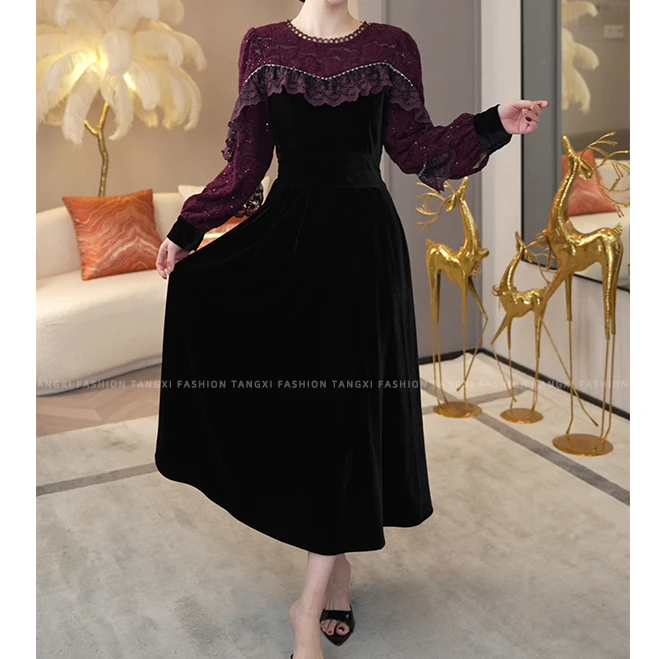 2025年秋冬季新款【H-D272】加绒加厚过年战袍紫色丝绒连衣裙女