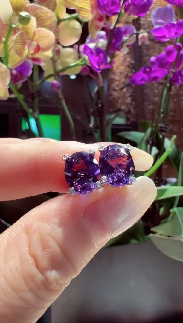 紫晶耳钉银S925镶嵌水晶耳钉