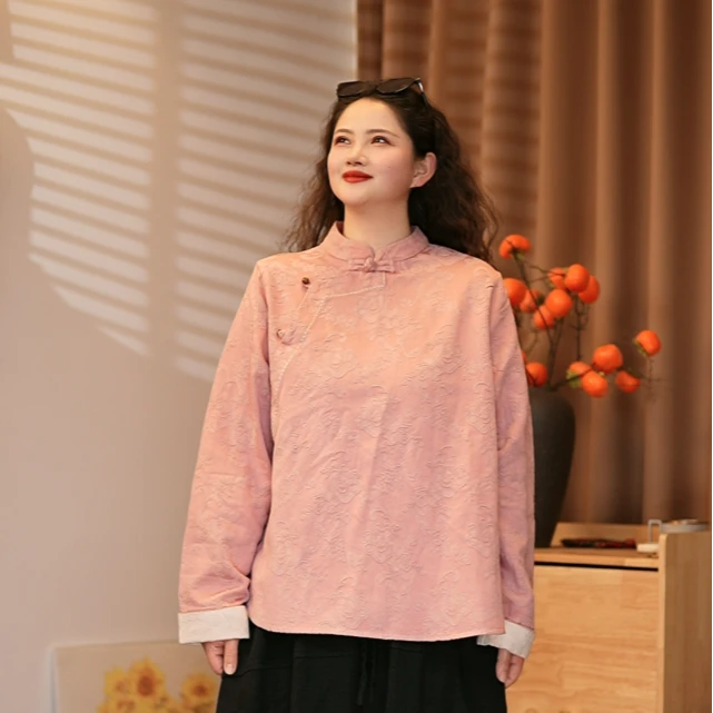 【写生】原创设计斜襟提花琉璃扣套头斜襟上衣长袖新品国风上衣茶服