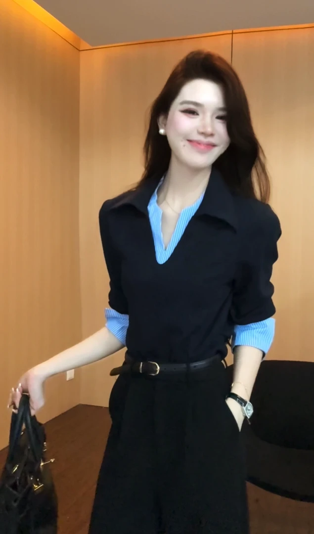 【青青朝露】设计感高级时尚气质拼接条纹假两件长袖卫衣ZKK1065款