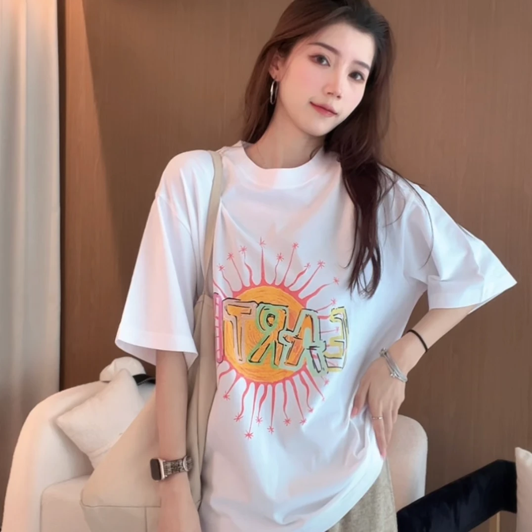 2025潮流印花百搭休闲短袖T恤宽松洋气中长款半袖纯棉8650