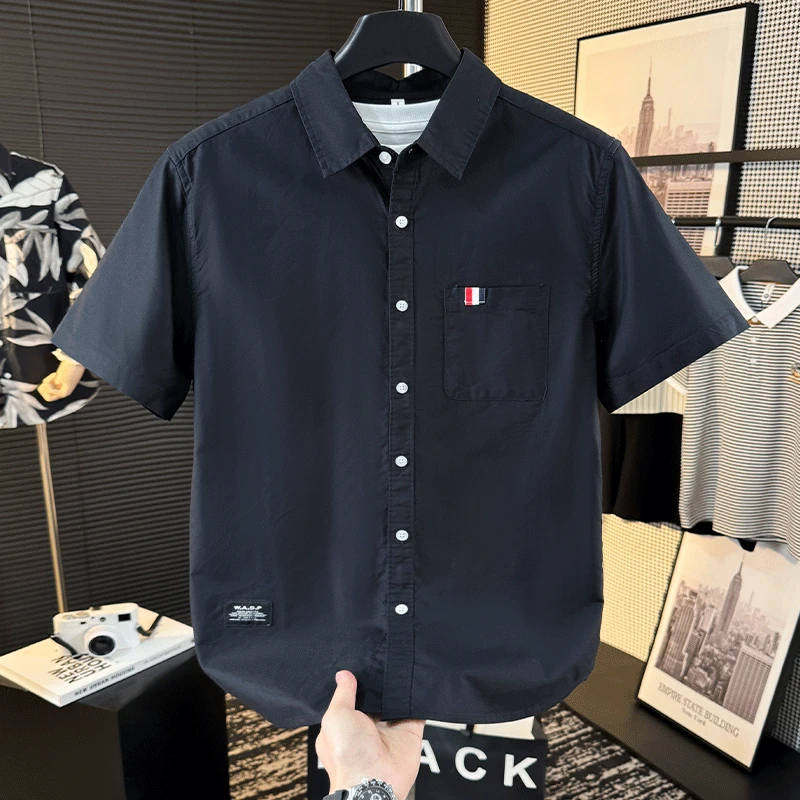 休闲简约衬衫夏季薄款复纯棉牛津纺短袖衬衫男宽松休闲衬衣半袖潮