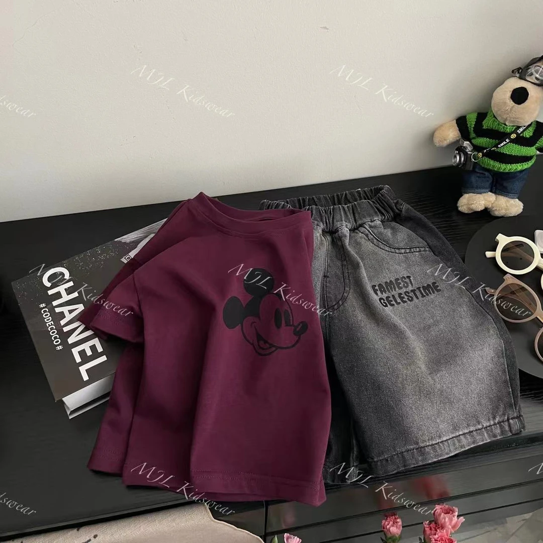 男童夏季套装新款儿童韩版T恤牛仔短裤丁达尔色系夏装两件套CP