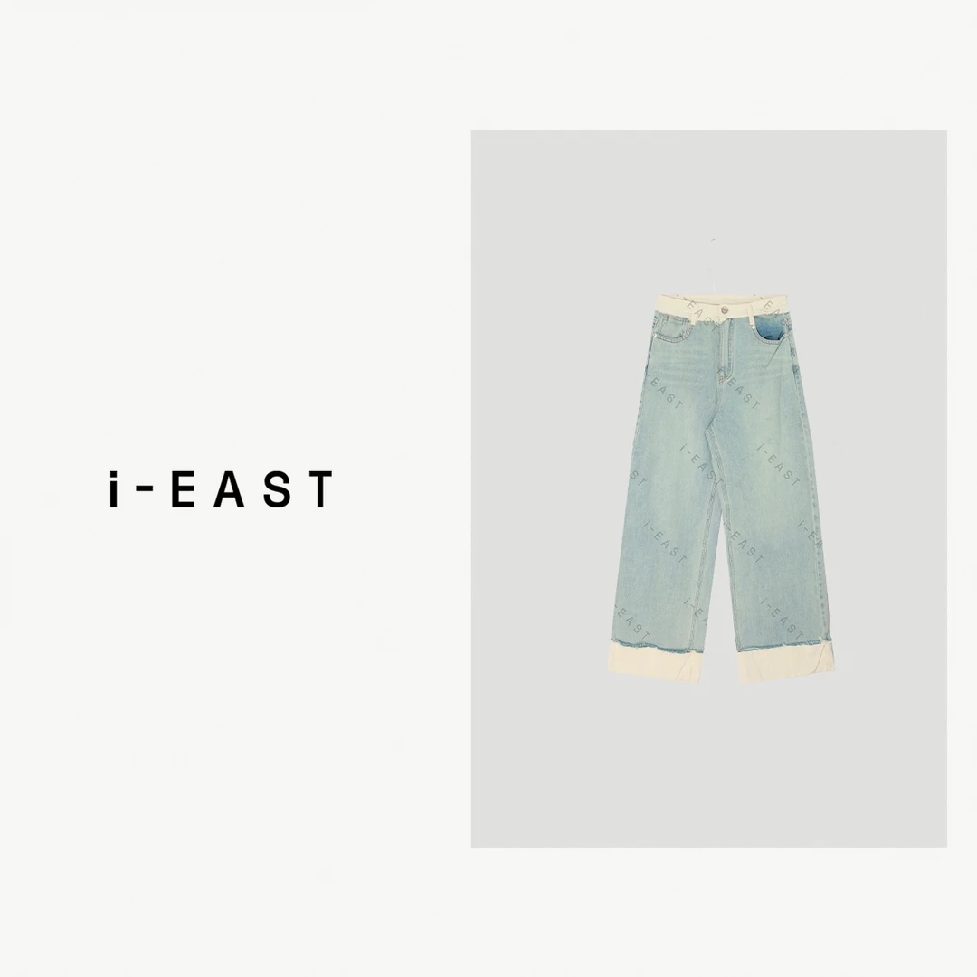 i-EAST 长腿复印机~拼接色水洗做旧百搭牛仔裤-5C K13170