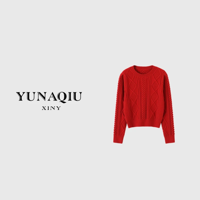 YUNAQIU-时尚网红短款百搭红色圆领套头针织衫-1011