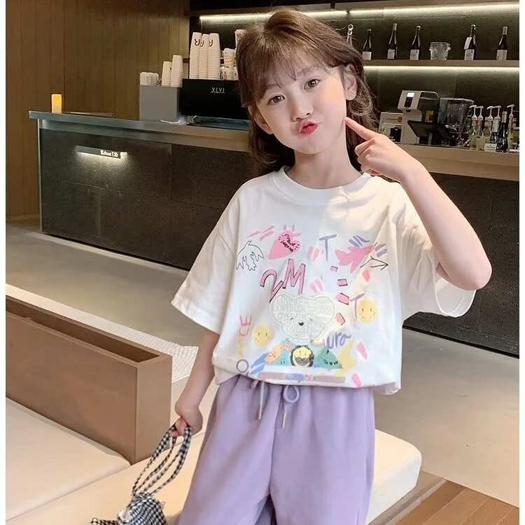 新款网红女童夏季短袖T恤中大童女孩时髦可爱休闲儿童白色上衣潮T