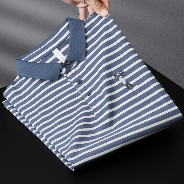 路茨梅帕高级感夏季冰丝光珠棉凉感条纹上衣男时尚青年短袖polo衫