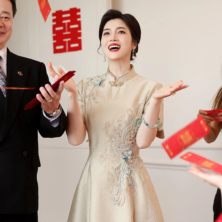 艾诗霓【花想容】妈妈婚宴旗袍礼服气质高端高贵短袖连衣裙喜婆婆