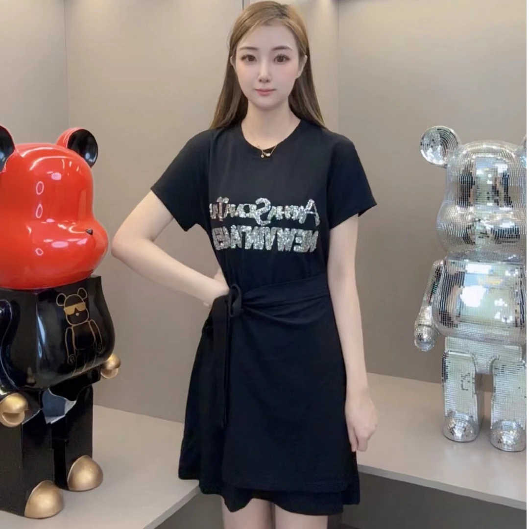 2025夏季新款亮片刺绣休闲绑带连衣裙收腰显瘦