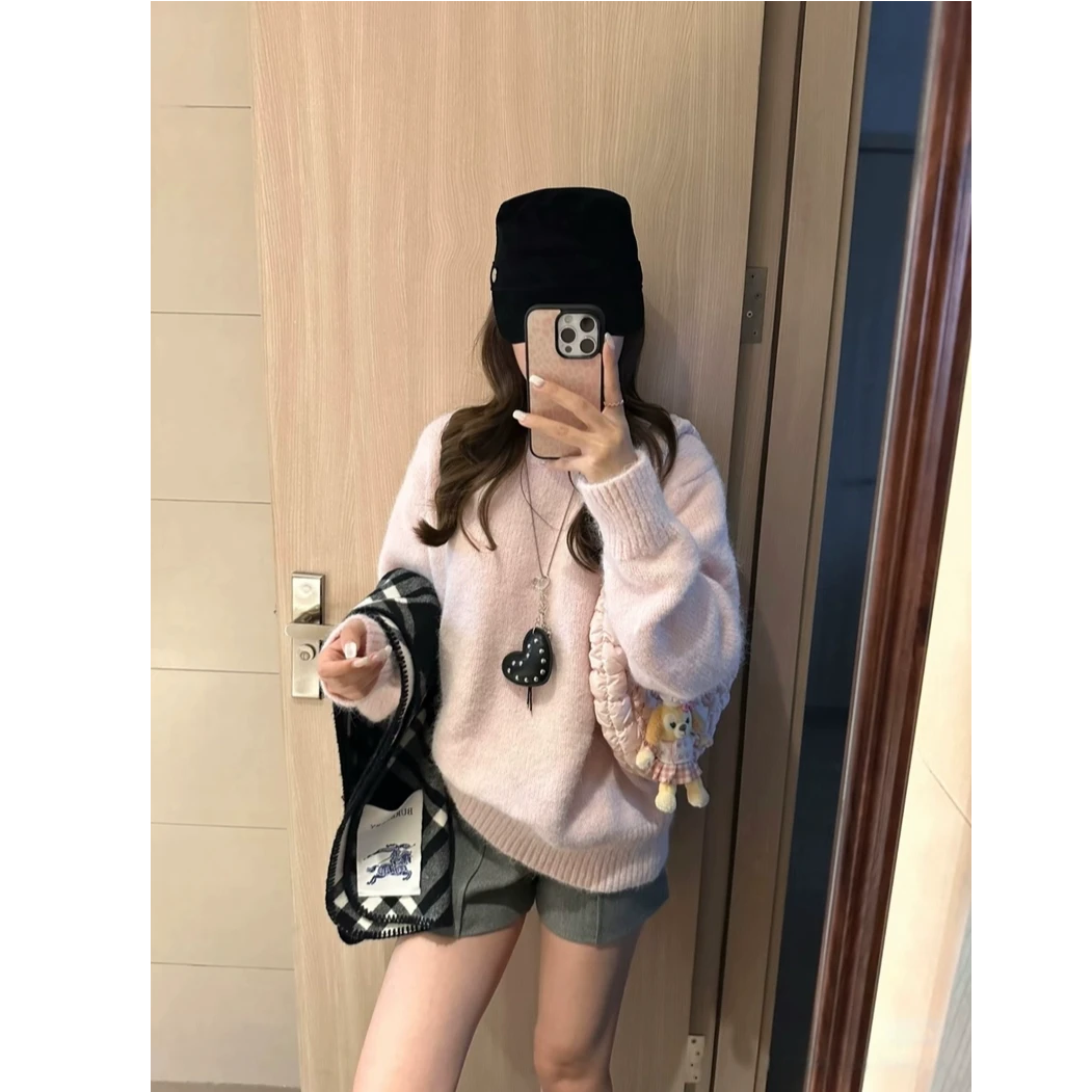 慵懒风圆领简约长袖针织上衣女秋季休闲百搭舒适减龄毛衣#Y5746