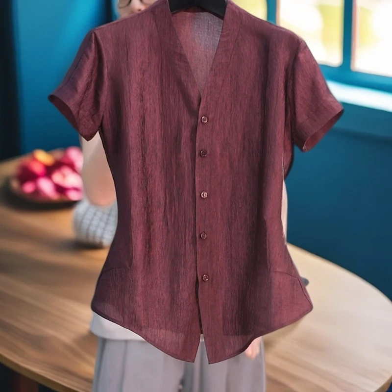 肌理感v领短袖衬衫女夏季2025新款时尚显瘦修身减龄收腰气质上衣