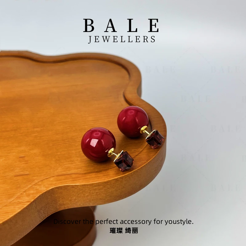 铜合金合成锆石耳饰 E3437 红色法式复古彩色轻奢