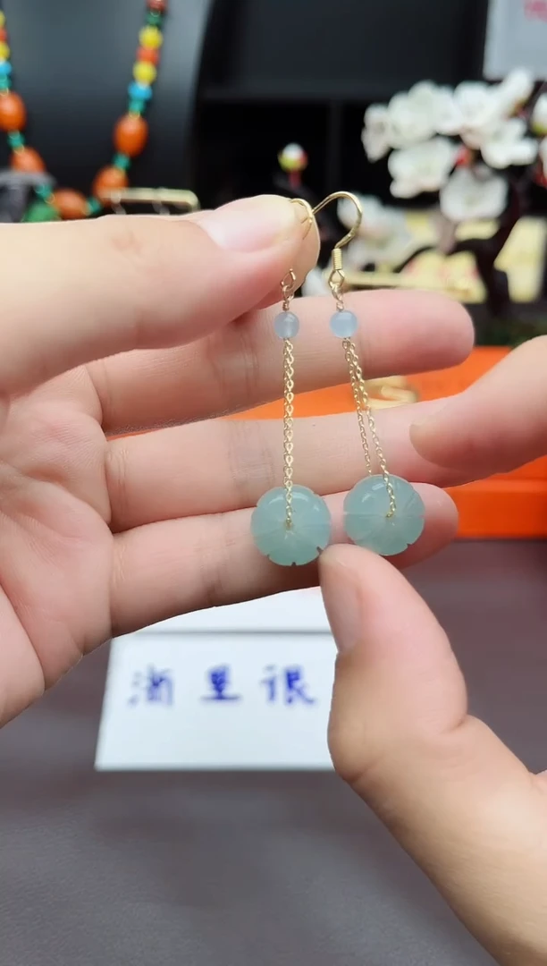 石英质玉（天山翠）银S925镶嵌耳饰7160000
