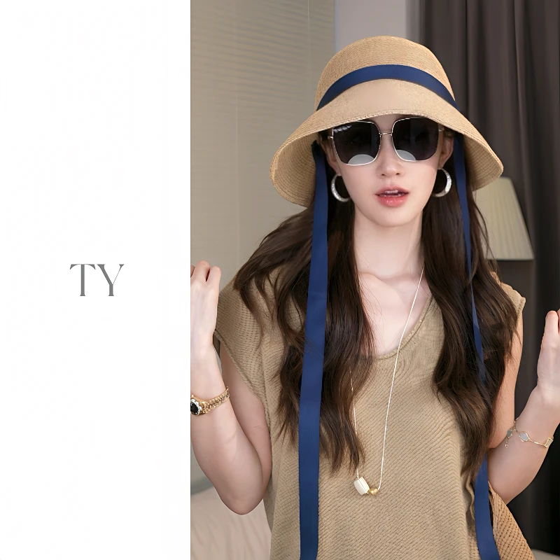 太一可折叠日系绑带蝴蝶结草帽女夏日出游遮阳大帽檐赫本风帽子