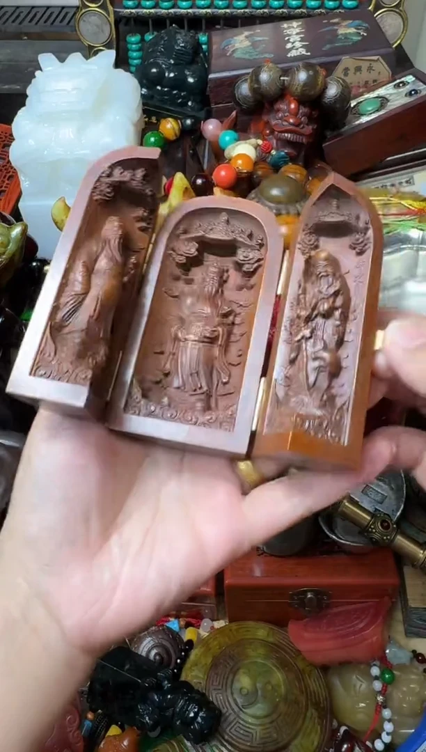 黄杨木福禄寿三星三开摆件