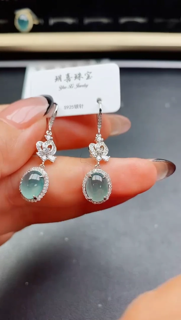 翡翠银S925镶嵌耳饰8500