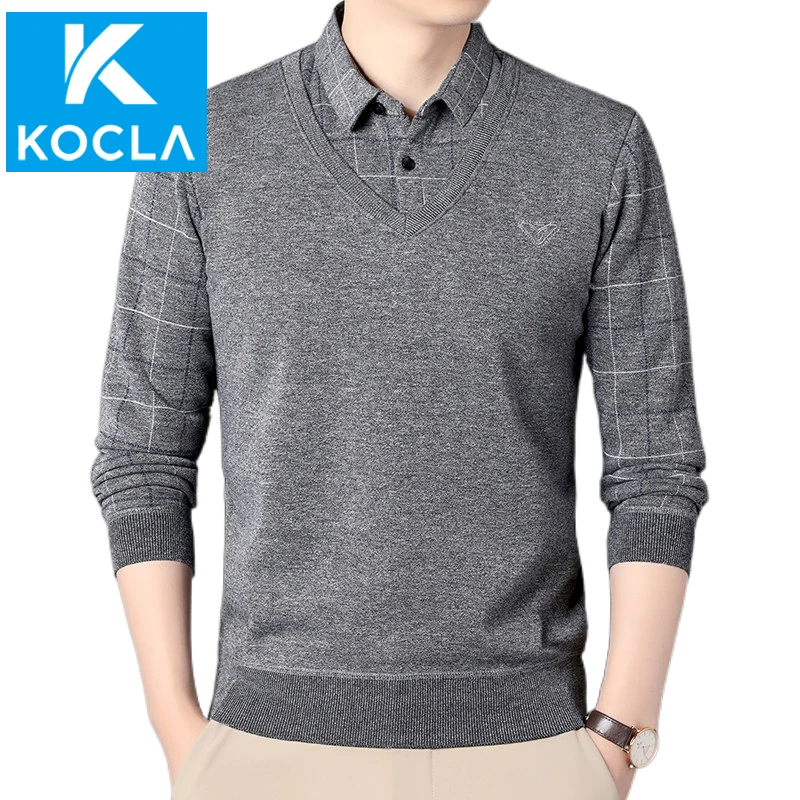 【KOCLA】秋冬季男士假两件针织百搭衬衫领外套男毛衣内中老年上衣