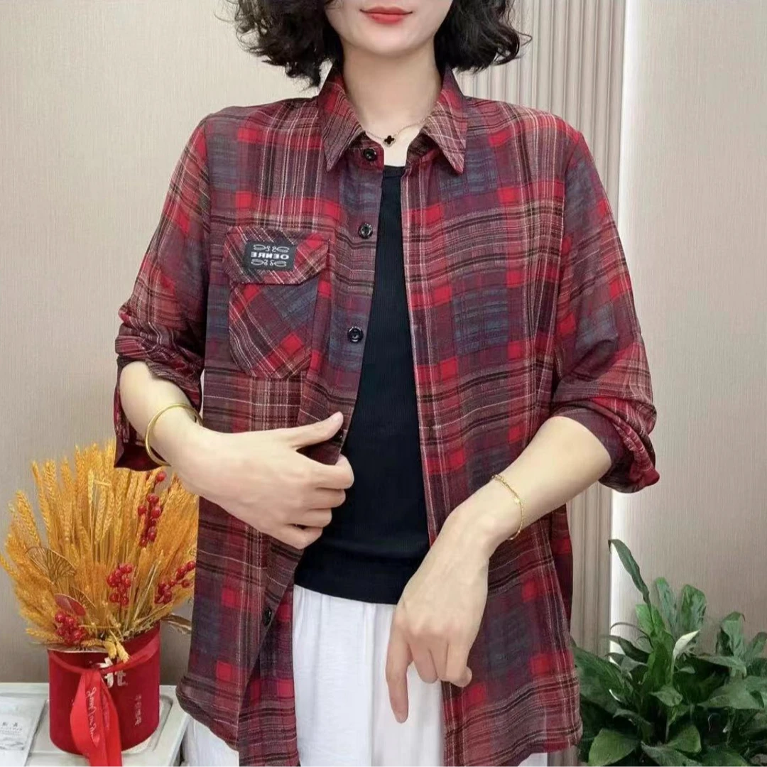 夏季防晒女士上衣时尚百搭格子衬衫2025新款妈妈装