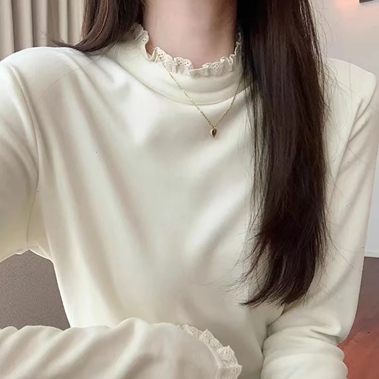 秋冬新款德绒打底衫女蕾丝花边边半高领长袖内搭T恤韩版百搭加绒