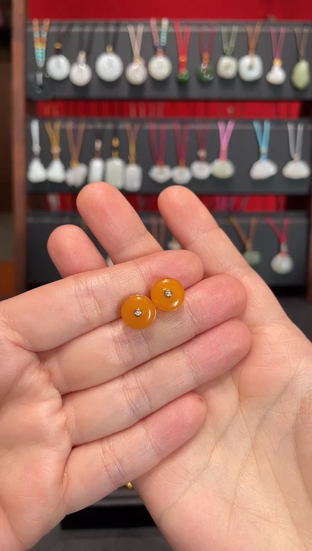 蜜蜡颈饰银S925镀金镶嵌耳钉