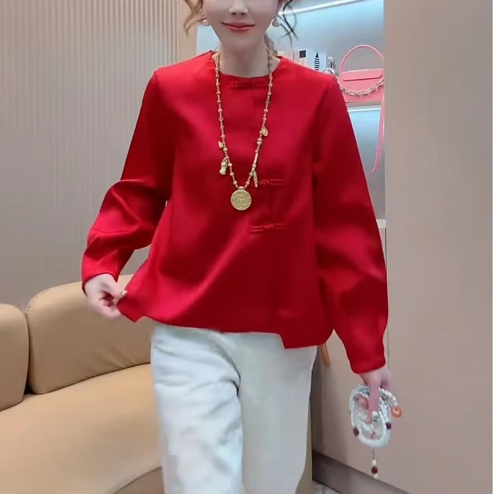 2024新年战袍新款中国风打底衫+马甲春秋洋气百搭中国红两件套