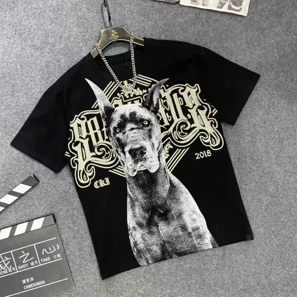 t恤时尚休闲动漫黑色潮流印花骷髅男士半袖欧美宽松个性卡通狗