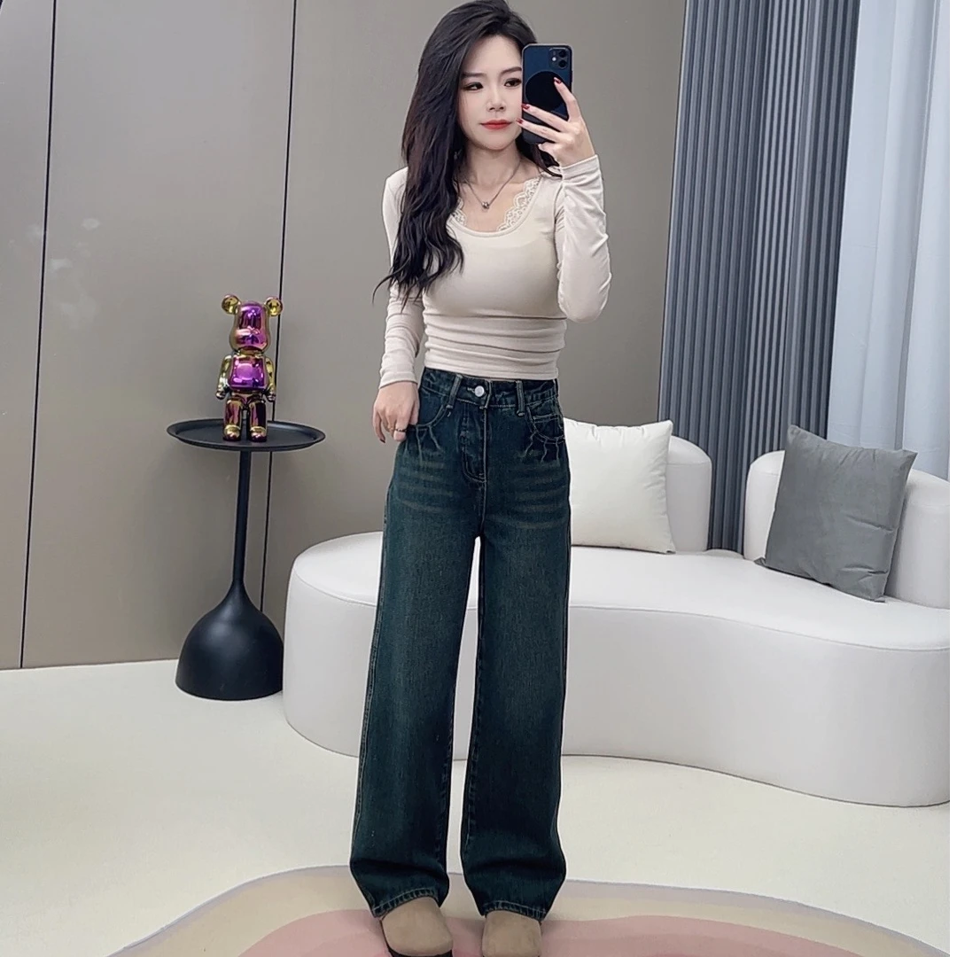 【小美专属】水泥灰灰猫抓纹时尚小个子专属宽松显瘦窄版阔腿裤女