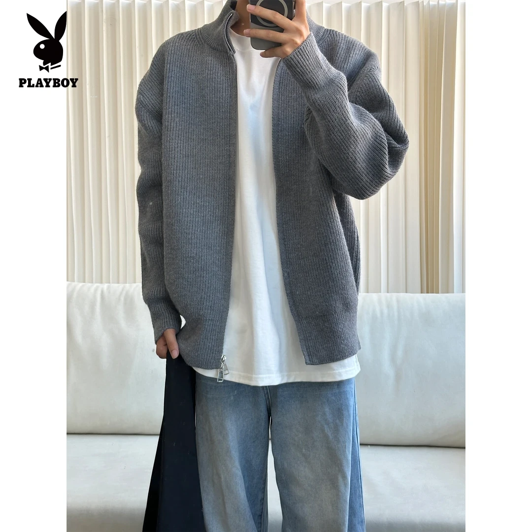 花花公子立领拉链毛衣外套早秋季设计感纯色修身美式复古针织衫
