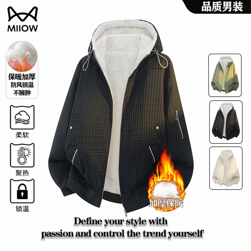猫人夹克秋冬加绒保暖连帽外套美式复古时尚格纹加厚情侣棉衣服男