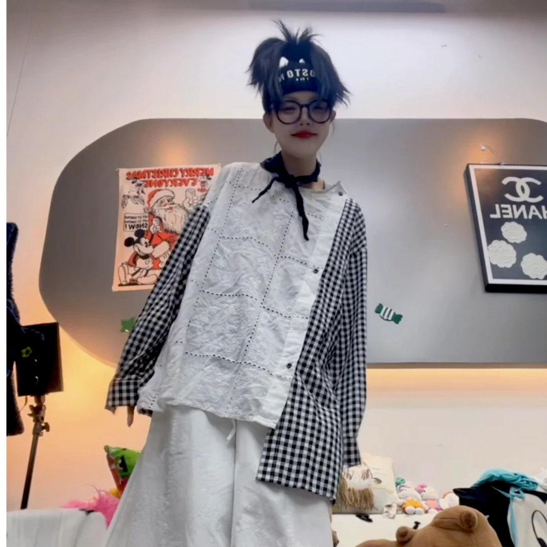 Laurine原创森系格子棉麻衬衫