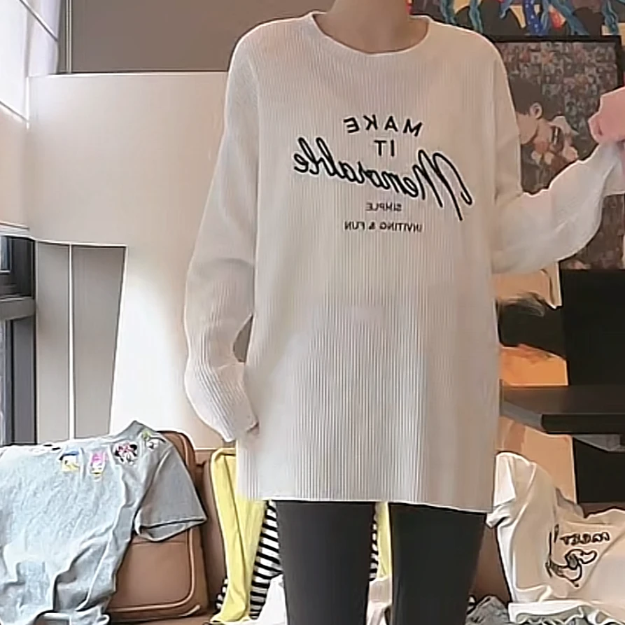 设计感叠穿字母针织刺绣长袖T恤女2025新款春季时尚高档简约上衣