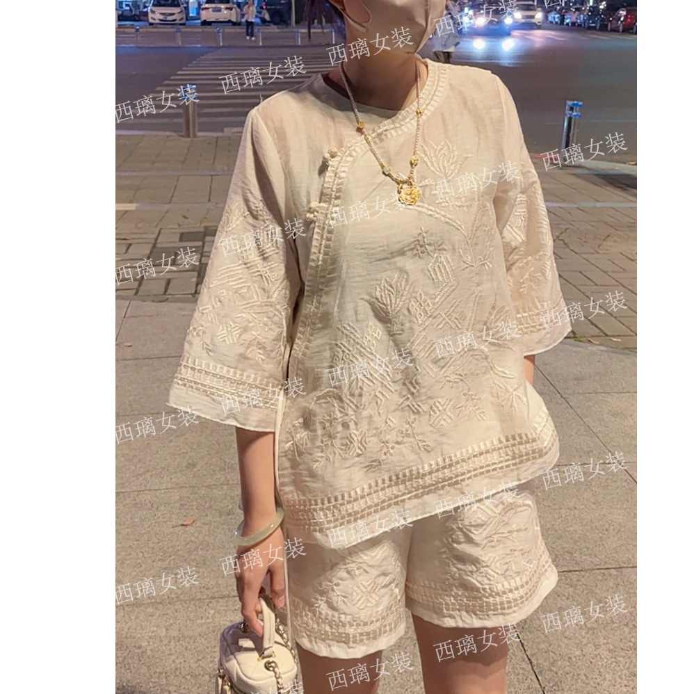 【流花江南】新中式国风重工刺绣衬衫上衣短裤两件套装女士宽松褶皱