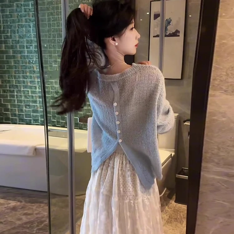 韩系气质女神范后背设计感镂空针织衫春夏2025年新款薄款显瘦上衣