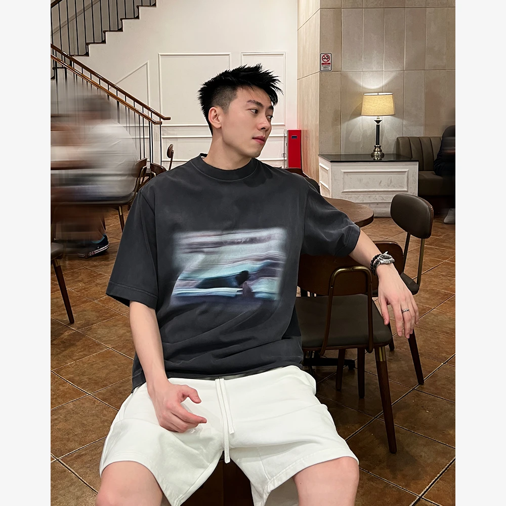 YIHAO STUDIO夏季新款男士纯棉抽象T恤休闲宽松潮流时尚圆领短袖