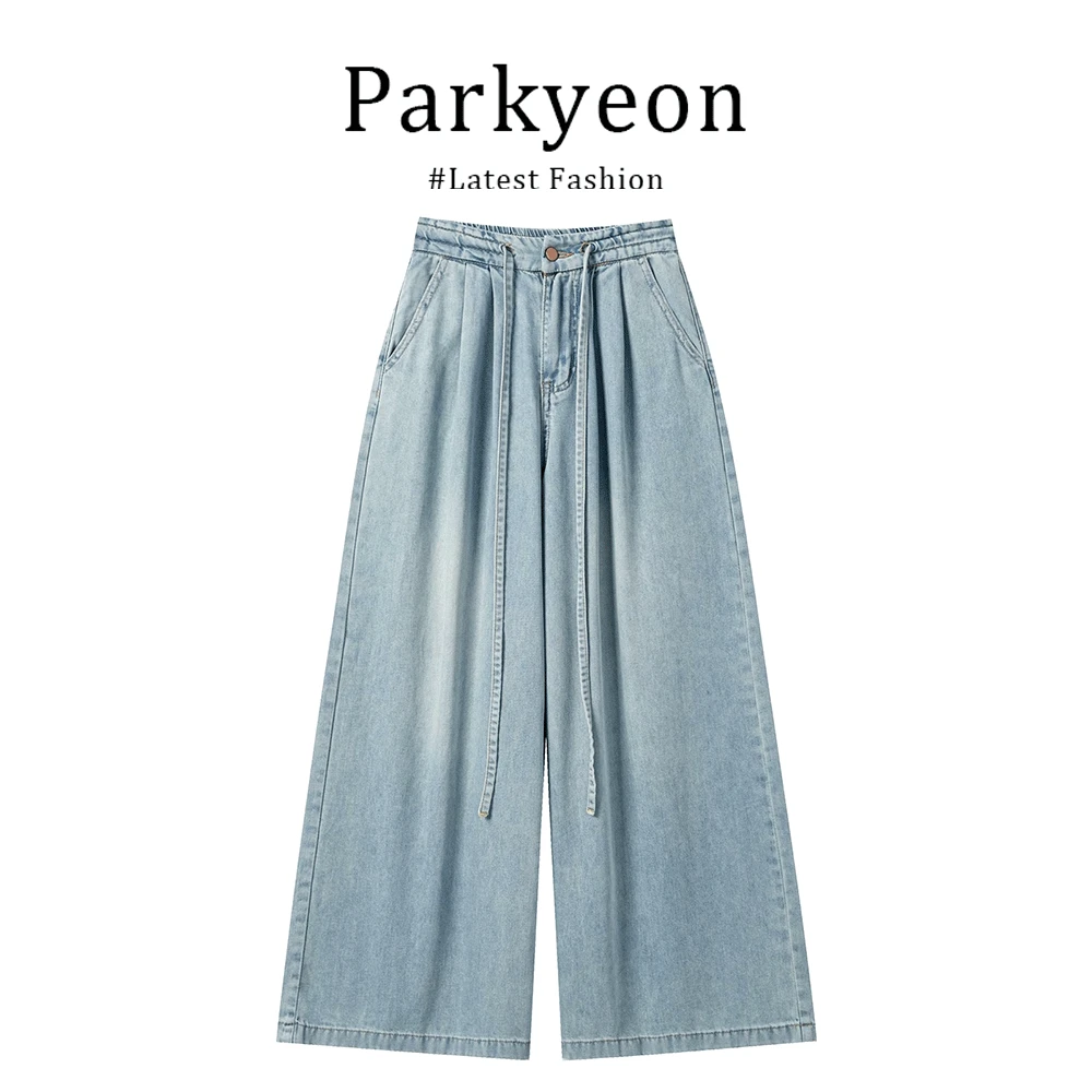 parkyeon复古高腰阔腿牛仔裤女2025夏季新款宽松显瘦百搭直筒裤
