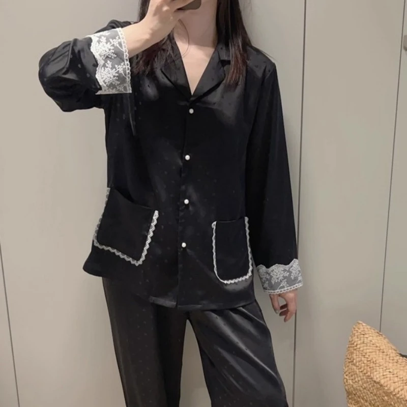 2025新款冰丝睡衣女春秋薄款高级感缎面蕾丝轻奢家居服套装