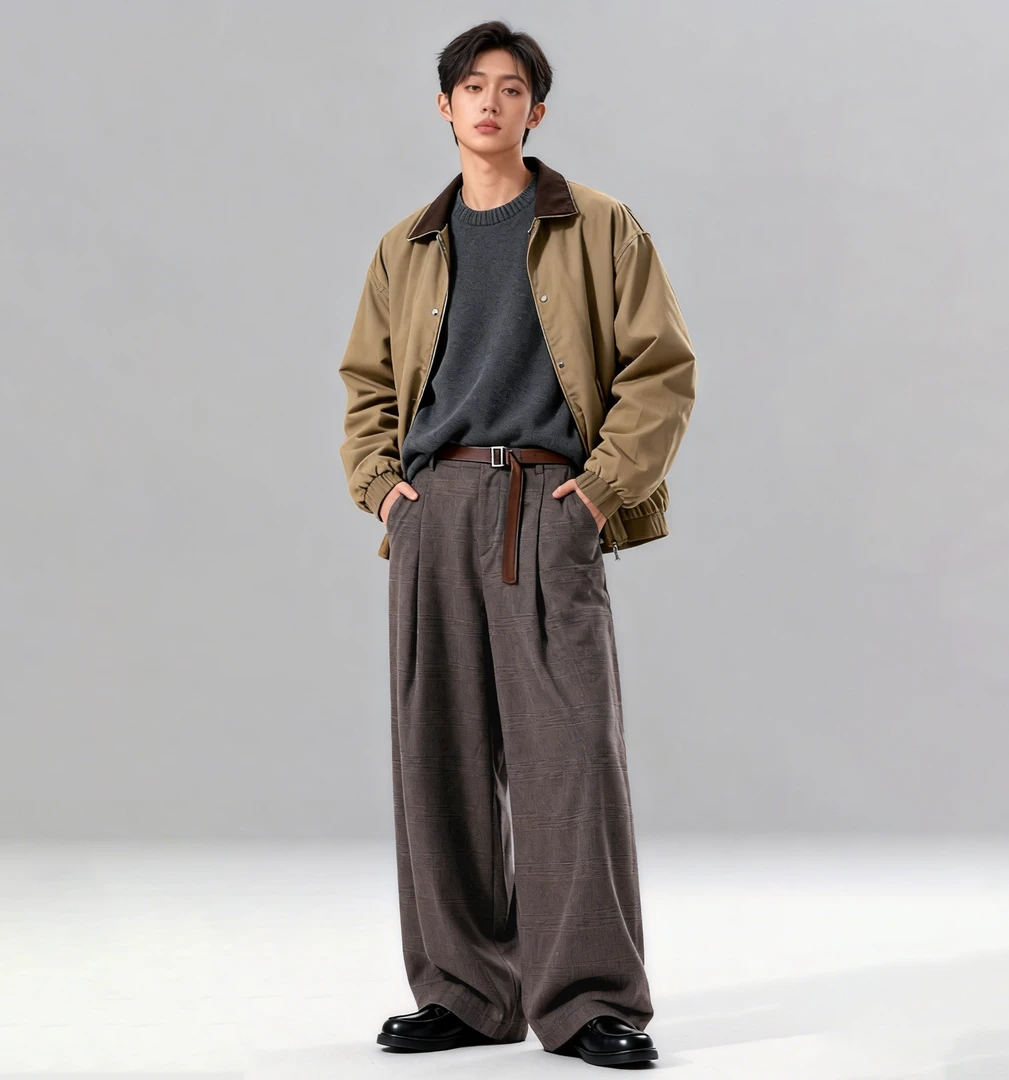 美式复古休闲宽松阔脚棕色长裤日韩学院简约纯色绑带针织西裤男女
