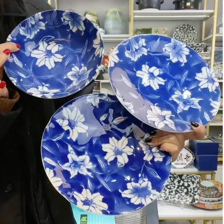 清仓火【3件套】日本进口美浓烧蓝彩花3件套(钵+平盘+深盘)