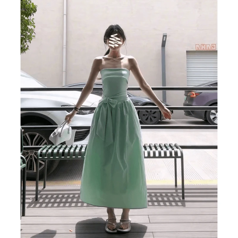 INS CEC海边度假风薄荷绿抹胸连衣裙夏季显瘦蝴蝶结系带设计长裙