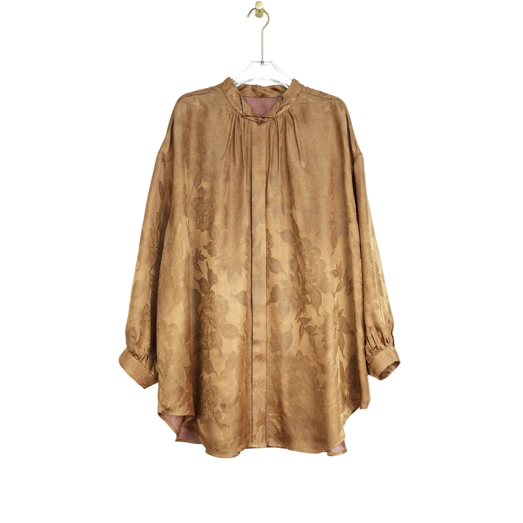 大码新中式22姆米提花双丝缎双喷设计感小翻领灯笼袖衬衣女装8881