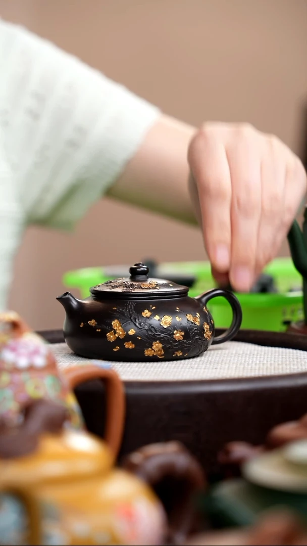 茶壶紫砂捂灰朱泥描金梅花寒江