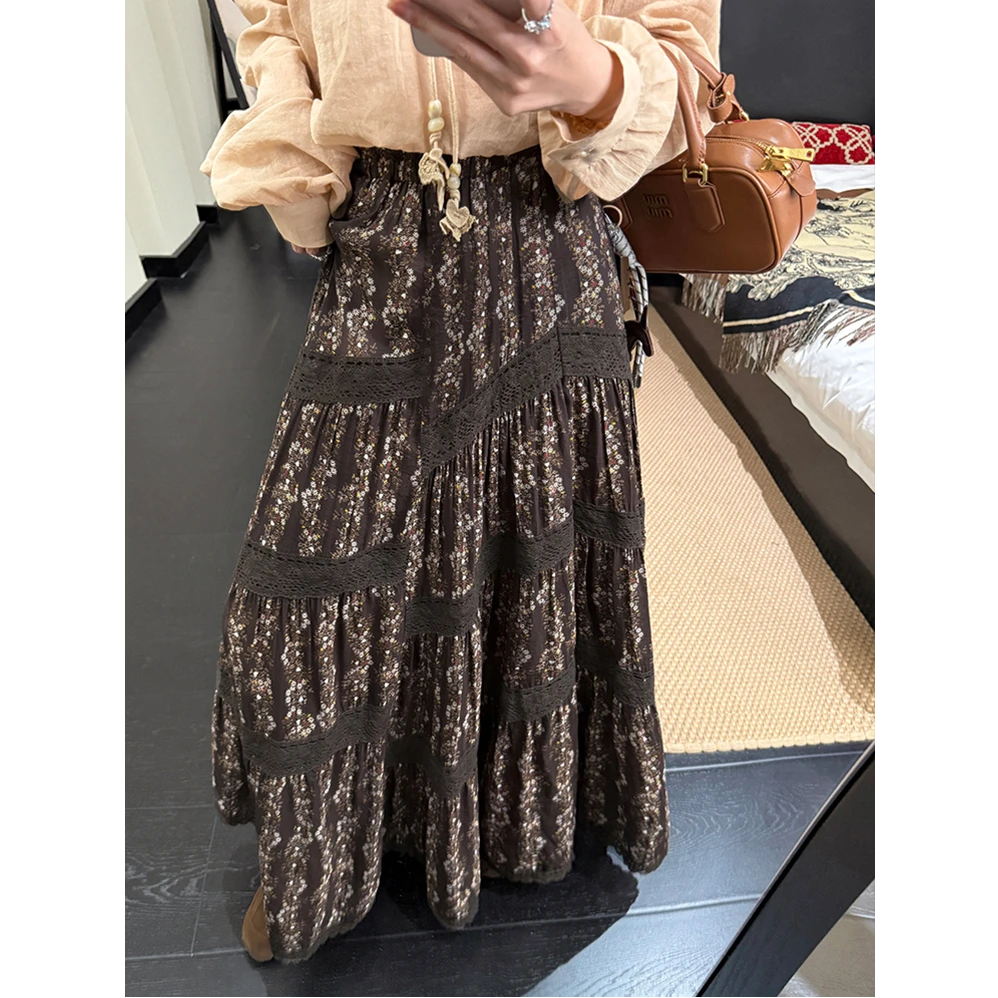 "柔雾琥珀"重工拼接蕾丝印花a字长裙女秋季新款高腰显瘦百褶裙