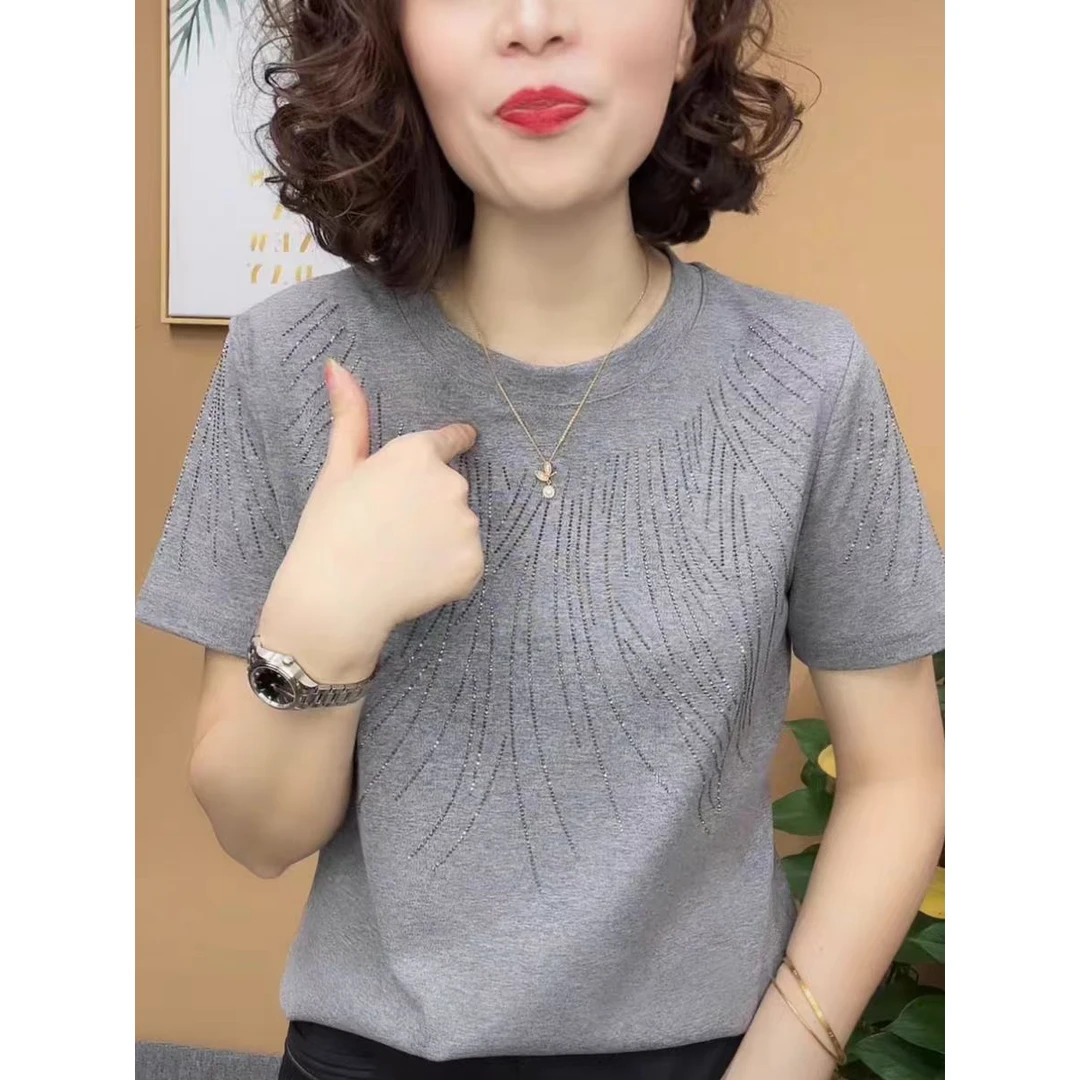 妈妈装圆领洋气纯色小衫时尚女装夏季短袖T恤减龄百搭女上衣女式