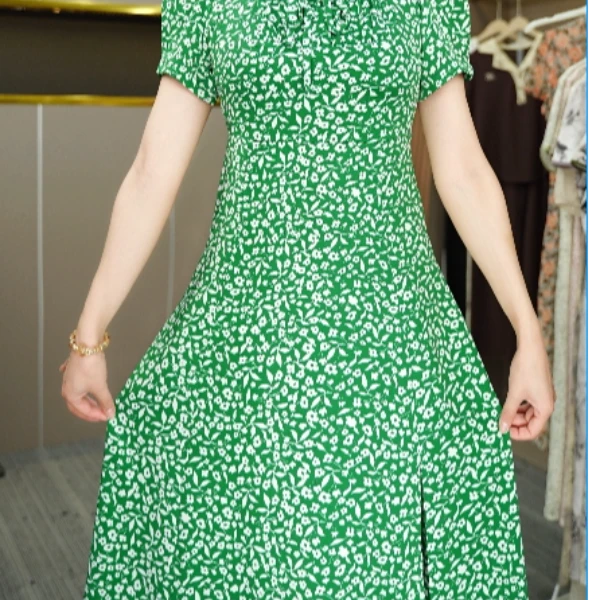 751-B夏季气质春夏中式绿色显瘦连衣裙