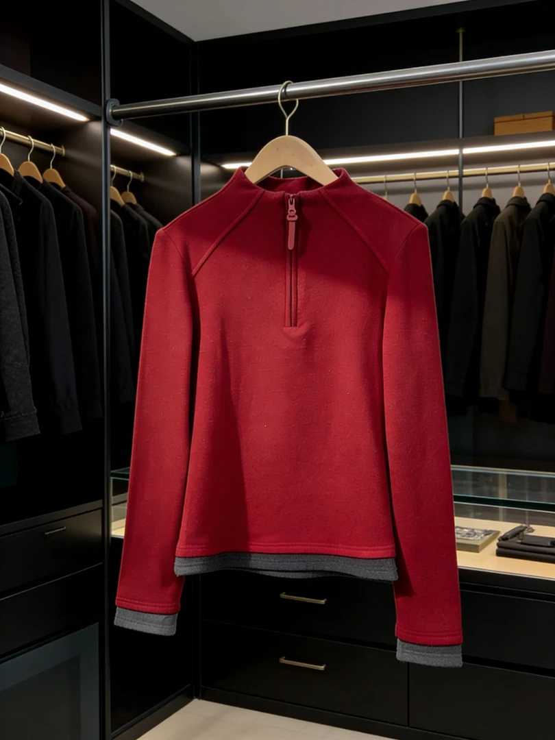 复古红色气质撞色立领长袖上衣秋冬季小众洋气打底衫女装内搭精致