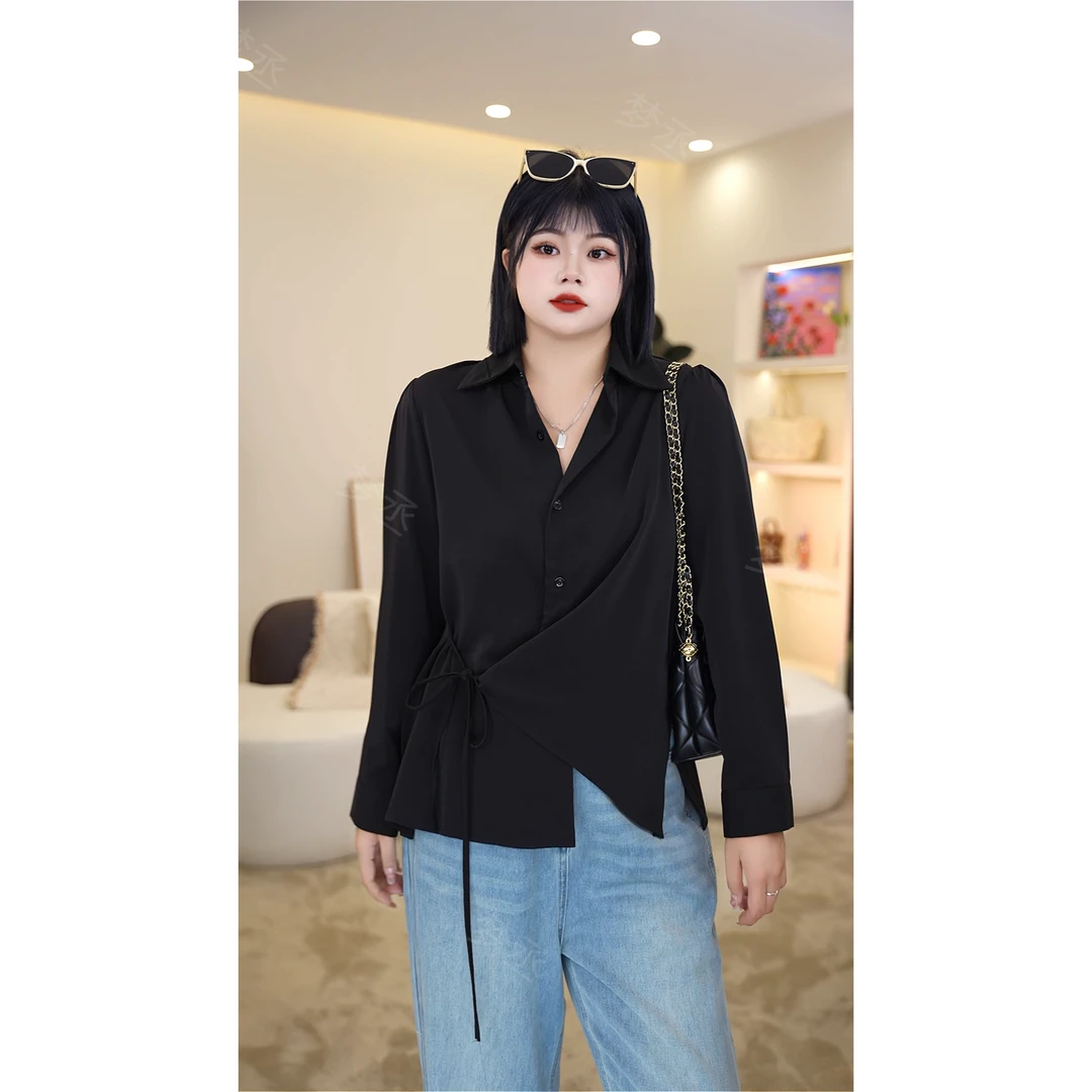 梦丞-系带长袖上衣大码女装冬季舒适柔软宽松显瘦百搭纯色衬衫