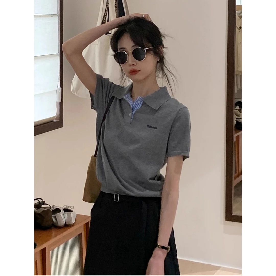 韩系灰色假两件polo领短袖针织T恤女夏季小个子时尚百搭正肩上衣
