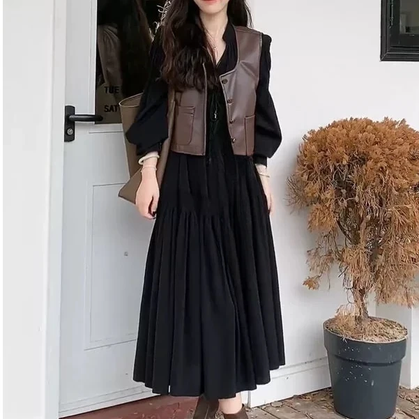 (无腰带）时尚设计感长袖V领连衣裙高级感皮马甲两件套TQ651